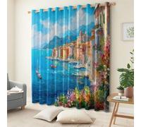 Blue Kids Blackout Curtains 46 x 54 Inch, Italian Seaside Town Print Light-Blocking Thermal Curtains, Noise-Reducing Easy-Clean Drapes Perfect for Nursery Bedroom Playroom