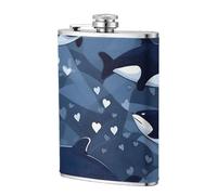 Blue Killer Whale 8oz Leather Hip Flask - Stainless Steel Whiskey Flask for Drinks, Pocket Liquor Set for Men Wedding Groomsman