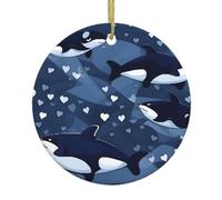 Blue Killer Whale A Round Ceramic Ornament with a Gold String, Perfect for Holiday Party Decorations or Family Gatherings.