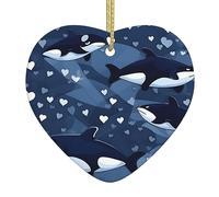 Blue Killer Whale Ceramic Christmas Heart Pendant with Silk Thread, Christmas Tree Home Decoration