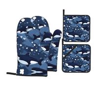 Blue Killer Whale Oven Mitts and Potholders 4-Piece Set - Kitchen Utility Kitchen Oven Mitts Resistant to 500 Degrees