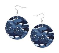 Blue Killer Whale Prints Leather Round Earrings Pendant Stylish And Light Lightweight Dangle For Women Girls, One Size, Leather, No Gemstone