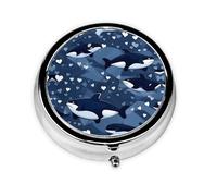 Blue Killer Whale Round mini Pill Box, Lightweight and Portable, with 3 Plastic Inserts, Suitable for Carrying in Pockets or Wallets.