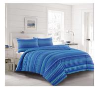 (Blue, King) 4 Pcs Leon Stripes Complete Duvet Cover Set With Valance Sheet & Pillowcase