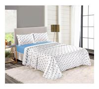 (Blue, King) Rosebud Floral Flannelette Sheet Set 100% Brushed Cotton Thermal Fitted Sheet Flat Sheet & Pillowcases Bedding Set