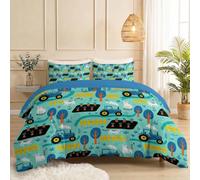 Blue King Size Duvet Cover Set 3 Piece, Tractor Cat Plants Brushed Microfiber Bedding Set with Zipper, Fresh Cartoon Soft Reversible Printed Quilt Cover with 2 Pillowcases, 230 x 220 cm