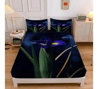 Blue King Size Fitted Sheets, Orchids Fitted Bed Sheet King Size, Deep Pocket 12 inch (30 cm) - Soft Microfibre Fabric 3D Fitted Sheets - Shrinkage and Fade Resistant Bedding - Bottom Sheet T440