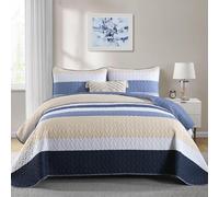 Blue King Size Quilt Set,Boho Gray Bedspread Striped Patchwork Bedding Set Micofiber Bohemian 3 Pieces Quilts Lightweight Farmhouse Coverlet for Women Men King Bed