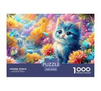 Blue Kitten Amid Colorful Flowers And Waterfall 1000-Piece Jigsaw Puzzle Cute Pet Cat for Adults & Kids Age 12+ - Challenging & Brainteasing Game 70x50cm/1000pcs