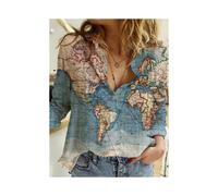 (Blue, L) Acting Pro Skirt Print Women's Loose Map Print Shirt Sleeve Long Casual Top World Lapel Button Women Womens V Neck Shirts Casual
