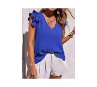 (blue, L) Summer Women's Elegant Casual V-neck Solid Office Ruffled Top Lotus Leaf Sleeves Shirt for Women