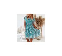 (Blue, L =UK/AU SIZE 12) Womens Short Sleeve Floral Midi Dress Ladies Loose Bohemian Ruffle Swing Dresses