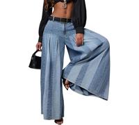 ,Blue,L,Women's High Waisted Patch Stripe Front Pleated Oversized Wide Leg Denim Pants Trendy Loose Baggy Curvy Jeans