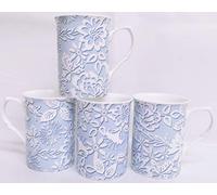 Blue Lace Mugs Set of 4 Fine Bone China Blue and White Flowers Castle Cups Hand Decorated in UK