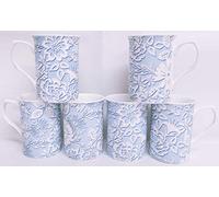Blue Lace Mugs Set of 6 Fine Bone China Blue and White Flowers Castle Cups Hand Decorated in UK