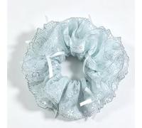 Blue Lace Scrunchie with Ribbon Bows Oversized Ruffled Sheer Mesh Hair Scrunchy, Vintage Floral Lace Ponytail Holder Elegant Fairy Cottagecore Hair Accessory for Women Girls Wedding Daily Hairstyle