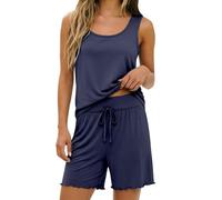 Blue Ladies Modal Stretch Two Piece Sleep Outfit Sleeveless U-Neck Vest & Elastic Drawstring Ruffle Shorts Wrinkle Resistant Tracksuit for Women Fashion Summer Everyday Wear Size L