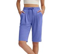 Blue Ladies Shorts Summer Lightweight Plus Size Drawstring Womens Shorts with Pockets Soft Cotton Elasticated Waist Cropped Trousers Casual Solid Hiking Tracksuit Bottoms Activewear Size XXL