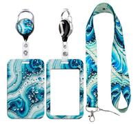 Blue Lanyard with Sliding ID Card Holder Self Retracting ID Badge Holder Aesthetic Marble Name Tag Lanyard with 360 Rotate Keychain Clip for Office School Teacher Work Badges