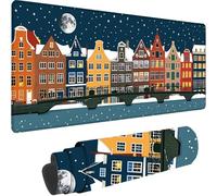 Blue Large Mouse Mat 600x300x3 mm, Extended Gaming Mouse Pad Small Town Desk Mat With Stitched Edges, Adults Mousepad Non Slip Rubber Base, Waterproof Soft Cloth Desk Pad for Office Decor, Gifts 8-T