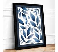 Blue Leaf Pattern Botanical Framed Wall Art Print A2 (59.4×42cm) Black, Wall Decor for Living Room, Bedroom, Office & Home, Ready to Hang, Art Gift