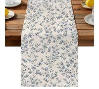 Blue Leaf Table Runner, Vintage Gray Floral Vine Rustic Country Linen Texture Cotton and Table Linen Runner for Kitchen Dining Home Decor for Party Festival Holiday Decoration Gift 13x36in