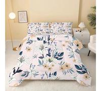 Blue Leaves Double Duvet, Reversible Coverless Pink Florals Duvet Double, Anti Allergy Bed Quilt Double 7.5 Tog for All Seasons - 1 Soft Comforter Bedding with 2 Pillowcases - A77