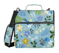 Blue Leaves Floral Simple 1.5-Inch 3-Rings Zipper Binder with Shoulder Strap & Handle Laege Capacity Portfolio Binder for School and Office