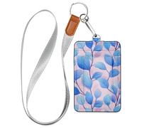 Blue Leaves Pink Background Leather id Badge Holder Vertical with Lanyard and 3-Card Capacity id and Card Holder for Office Worker Nurse Teacher Student