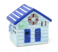 Blue LED Ceramic Beach Hut | Nautical Beach House Ornament | Light-Up Coastal Decoration - 11cm
