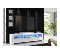 (Blue LED Lights ) Furneo 200cm White Long TV Stand Unit Cabinet Matt & High Gloss LED Lights Phantom 10