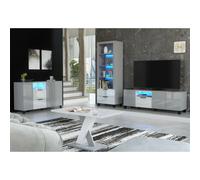 (Blue LED Lights ) Furneo Living Room Set TV Stand Display Cabinet Sideboard Coffee Table Grey White High Gloss Matt LED Lights Enzo 2/14/16/18