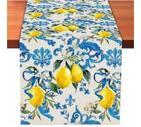 Blue Lemon Table Runner 13 x 72 Inch - Mediterranean Summer Table Decor for Kitchen Dining, Rustic Farmhouse Table Linen for Spring Party, Italian Style Fruit Table Cloth for Home and Outdoor