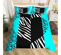 Blue Leopard Print Duvet Cover Set - Single Size, Romantic Heart Comforter Cover with 1 Pillowcase, Black White Zebra Stripe Bedding Set 2pcs for Kids Girls, Animal Skin Bedspread Cover