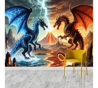 Blue Lightning & Red Fire Dragons Epic Battle on Volcano Wall Murals, Self-Adhesive Wall Fabric (NO PVC), Removable Wallpaper, for Living Room, Bedroom, Office -Custom Size