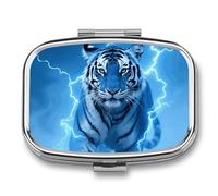 Blue Lightning Tiger Pill Box 2 Compartment Square Metal Pill Organizer Portable Mini Travel Medicine Case with Mirror Cute Medicine Container Holder for Pocket Purse
