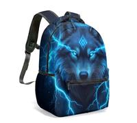 Blue Lightning Wolf Backpack 16 Inch Tech Fantasy Mystical Dark Aesthetic Surreal Energy Burst Print Daypack Travel Rucksack (01)