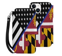 Blue Line U.S. Maryland Flag Cell Phone Flip Leather Case Classic Protection Compatible with iPhone 15/15 Plus/15 Pro/15 Pro Max