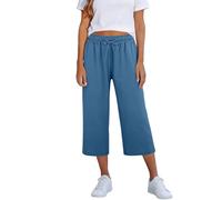 Blue Linen Capri Pants for Women UK Petite Wide Leg Elasticated 3/4 Cropped Trousers Oversized Soft Ladies Casual Stretch Knee Length Shorts Fashion Summer 2026 Lounge Lightweight Palazzo Pant