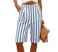 Blue Linen Shorts Women Long Shorts Striped Lounge Pants Knee Length Bermuda Short Elasticated Waist Straight Leg Jogging Bottoms with Pockets Comfy Lounge Cropped Trousers Holiday Pants