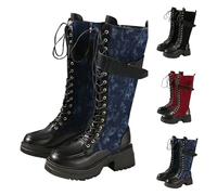 Blue Long Lace up Boots for Women UK Goth Platform Chunky Heel Lug Sole Boots Biker Combat Military Boot Croc Print Front 2-Tone Boot with Side Zip Footwear Trendy UK 7.5 Clearance