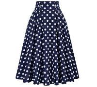 Blue Long Midi Skirt for Women - High Waisted A-Line Pleated Skirt with Polka Dot Pattern - Vintage Flared Swing Skater Style Elegant UK Ladies