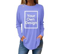 Blue Long Sleeve Tops Women Custom T Shirt Create Your Own T Shirt Personalised Long Tunic Tops Customised Round Neck Jumper Personalised Text and Image Loungewear