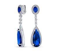 Blue Long Teardrop Cubic Zirconia Dangle Statement Screw Clip On Earrings Simulated Sapphire Silver Plated Brass