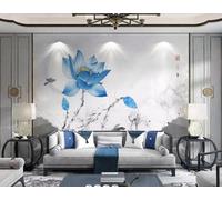 Blue Lotus Flying Bird Small Fish Marble Effect 3D Wallpaper Luxury Silk Study Dining Feature Sofa Grey Bedroom Living Room Tv Decorative Wall-400cm×280cm