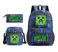 (Blue) Lunch Backpack Minecraft Bag Crossbody Bag Pencil Case School 3pcs Set Gift Kids