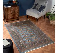 Blue Luxurious Traditional Bordered Floral Geometric Wool Handmade Rug For Living Room Bedroom & Dining Room-60Cm X 90Cm