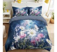 Blue Luxury Bedding Duvet Cover Wildflowers Mist Daisies Chrysanthemums Soft, Fluffy, Breathable Watercolour Botanical Illustration Bedding Soft Romantic Dreamy Duvet Cover 220 x 260 for Boys & Girls