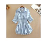 (Blue, M) Ladies Autumn Solid Office Shirts Lapel Button Slim Waist Ruffled Work Shirts Fashion Simple Women Shirt Tops Blusas Para Mujer