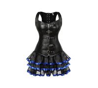 (Blue, M) Steampunk Lace Up Back Waist Trainer Body Shaper Buckle Bustier Overbust Corset Dress Faux Leather Corsets Mini Skirt